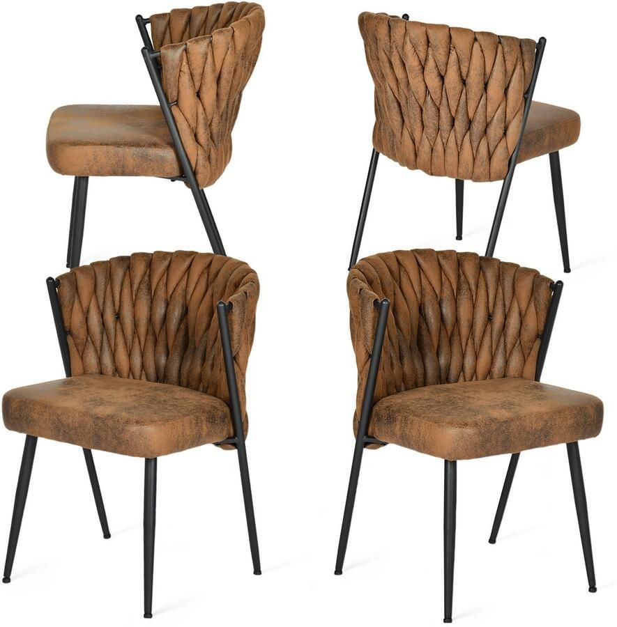 MEUBLE COSY Meubles Cosy – MILIANA – Set van 4 retro-vintage eetkamerstoelen met gevlochten rug – Bruine suédine