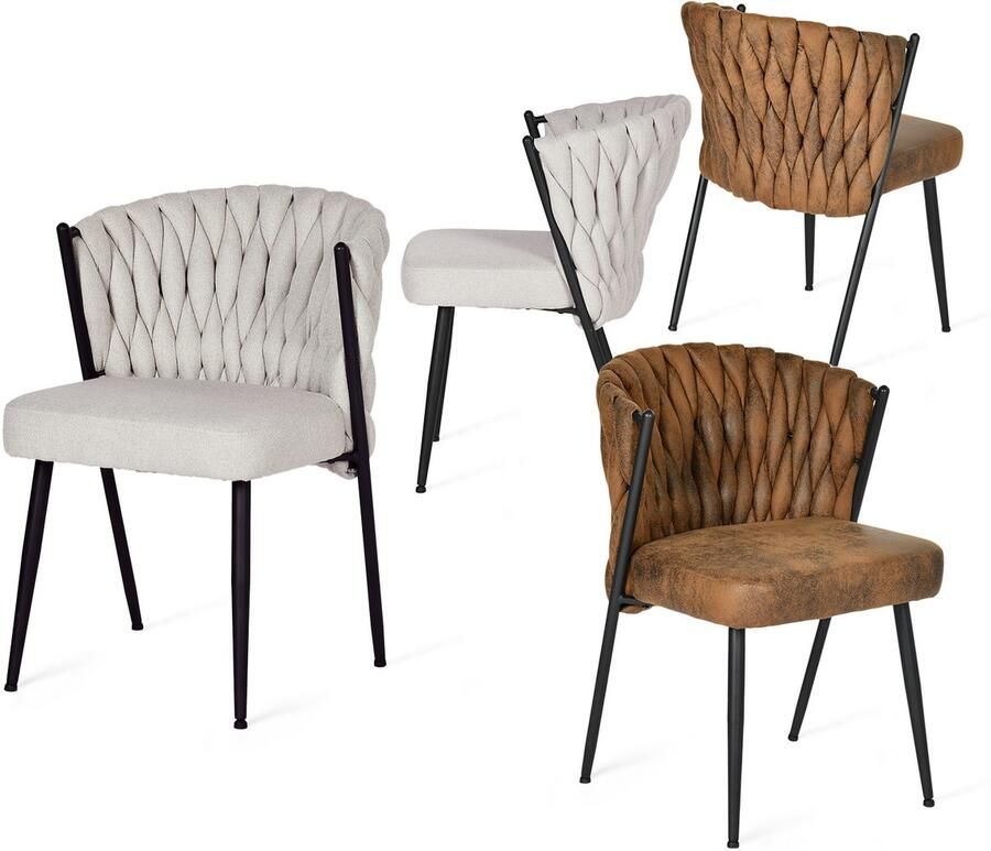 MEUBLE COSY Meubles Cosy – MILIANA – Set van 4 retro-vintage eetkamerstoelen met gevlochten rug – 2 Beige stof + 2 Bruine suédine