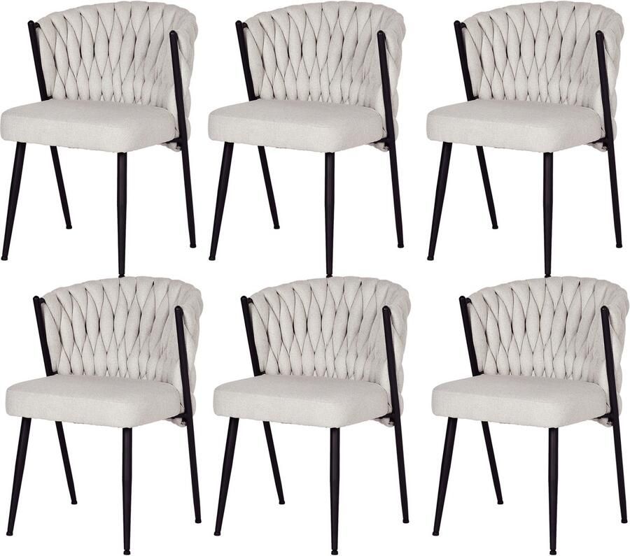 MEUBLE COSY Meubles Cosy – MILIANA – Set van 6 industriële eetkamerstoelen met gevlochten rug – Beige stof