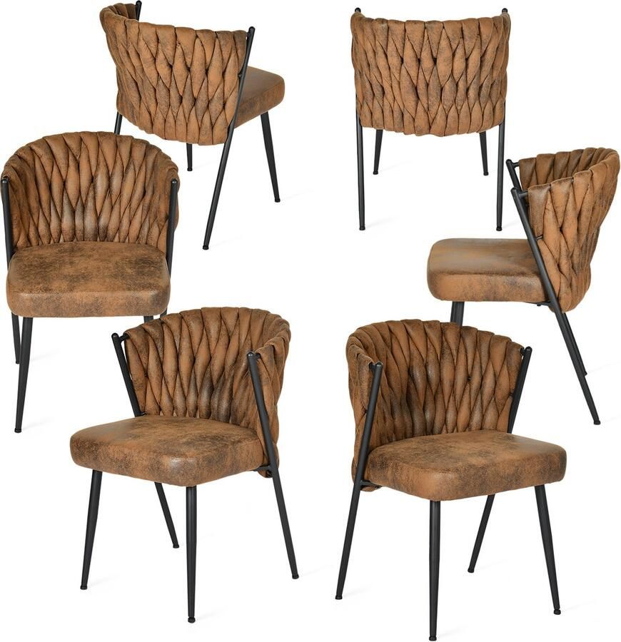 MEUBLE COSY Meubles Cosy – MILIANA – Set van 6 retro-vintage eetkamerstoelen met gevlochten rug – Bruine suédine