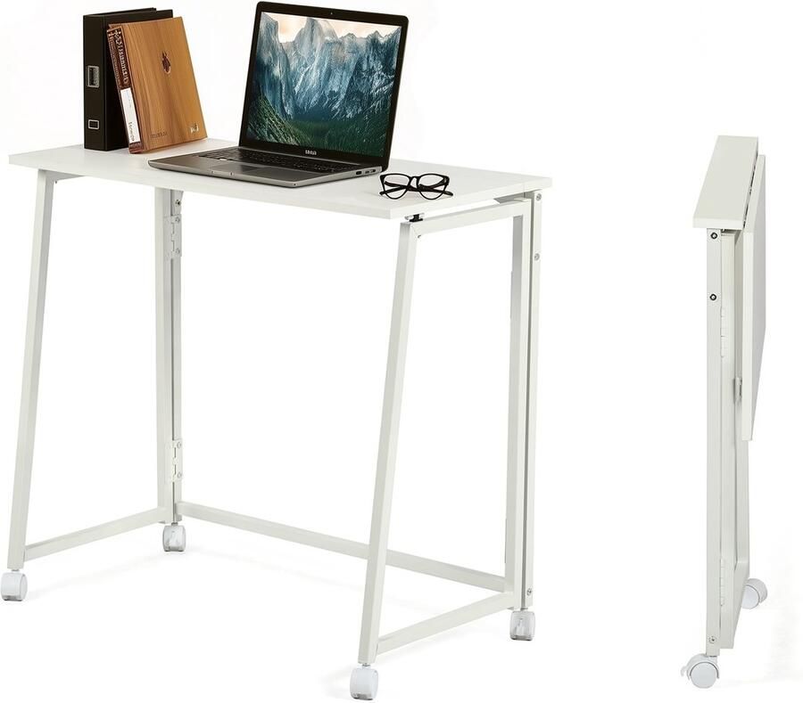 MEUBLE COSY MEUBLES COSY Opvouwbaar bureau – Laptoptafel met 4 wielen – Voor kleine ruimtes – Industrieel metaal frame – Wit