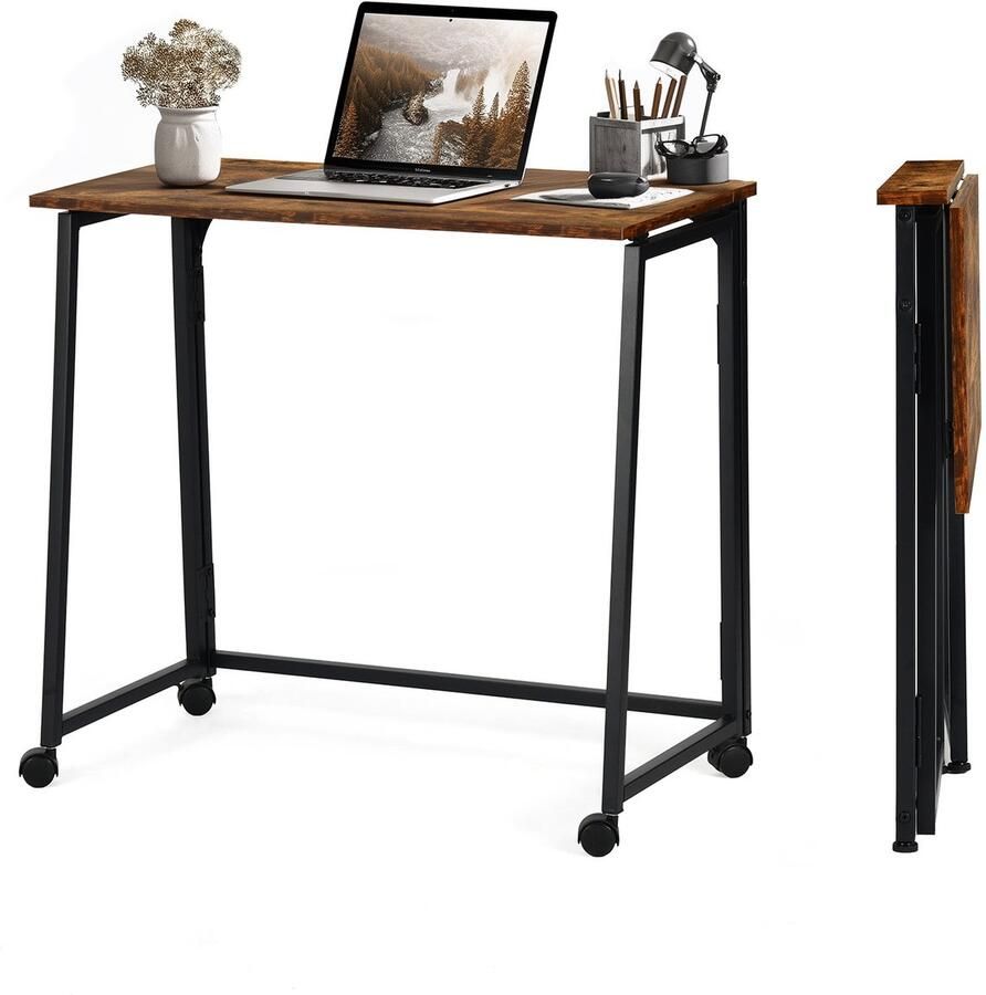 MEUBLE COSY MEUBLES COSY Opvouwbaar bureau – Laptoptafel met 4 wielen – Voor kleine ruimtes – Industrieel metaal frame – Houtlook