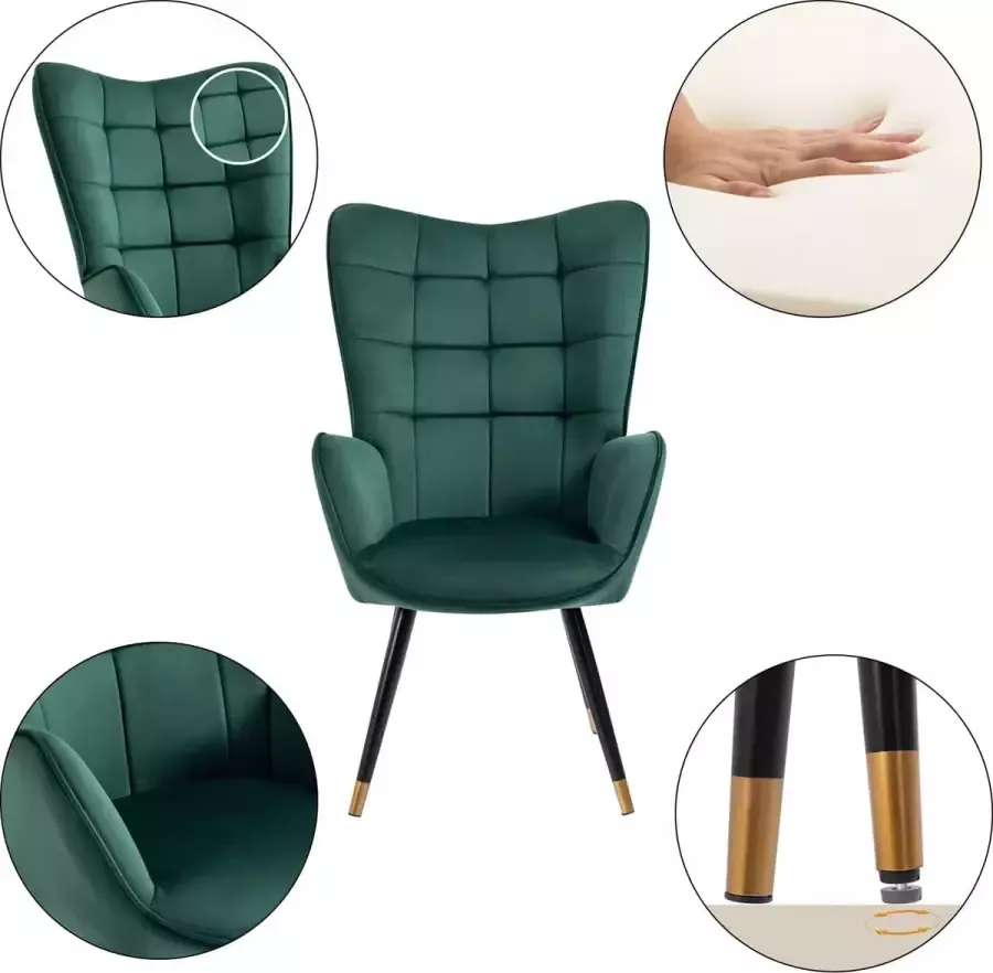 MEUBLE COSY Scandinavische woonkamer Dekbed fauteuil Gewatteerde fauteuil met armleuningen en metalen poten metaalfluweel groen + goud 66x71x109 cm