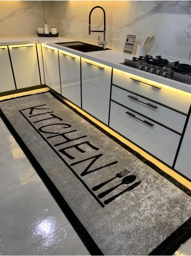 Mevaz Keukenloper Kitchen beige black 80x180 cm Vloerkleden Keuken Tapijt Keukenmat Loper Tapijt Loper Vloerkleed
