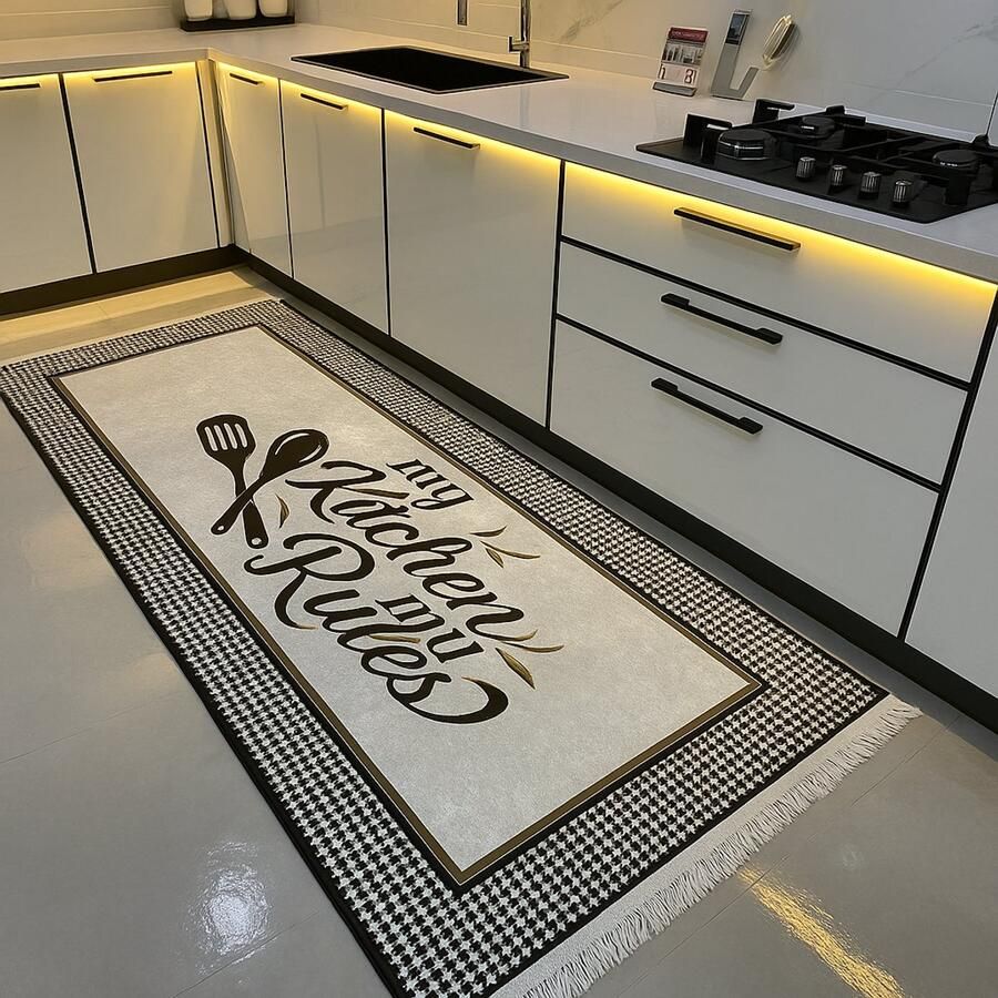 Mevaz Keukenloper My Kitchen My Rules beige black 80x200 cm Vloerkleed Keuken Tapijt Keukenmat Loper Tapijt Loper Vloerkleed