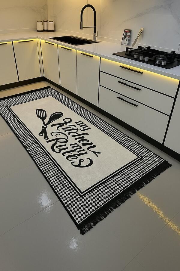 Mevaz Keukenloper My Kitchen My Rules beige zwart 80x200 cm Vloerkleed Keuken Tapijt Keukenmat Loper Tapijt Loper Vloerkleed