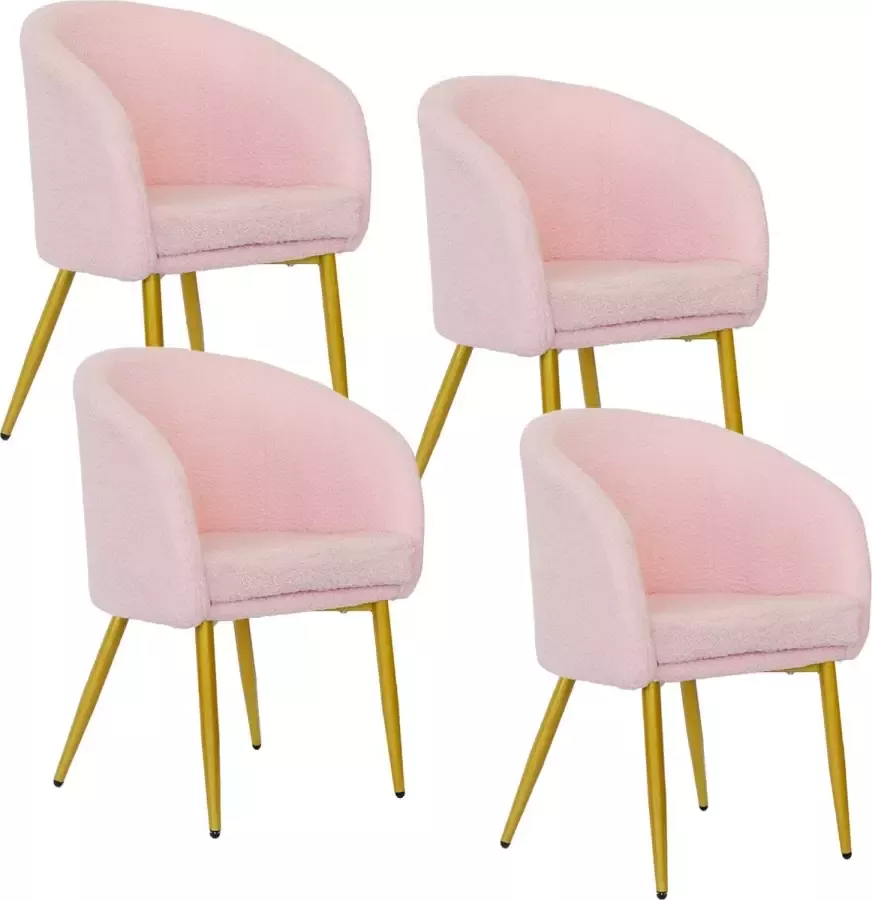 Mevsim Lina Teddy eetkamerstoel Roze Set van 4 Goude metalen poten Design stoel met armleuning Chique teddy stof Luxe fauteuil