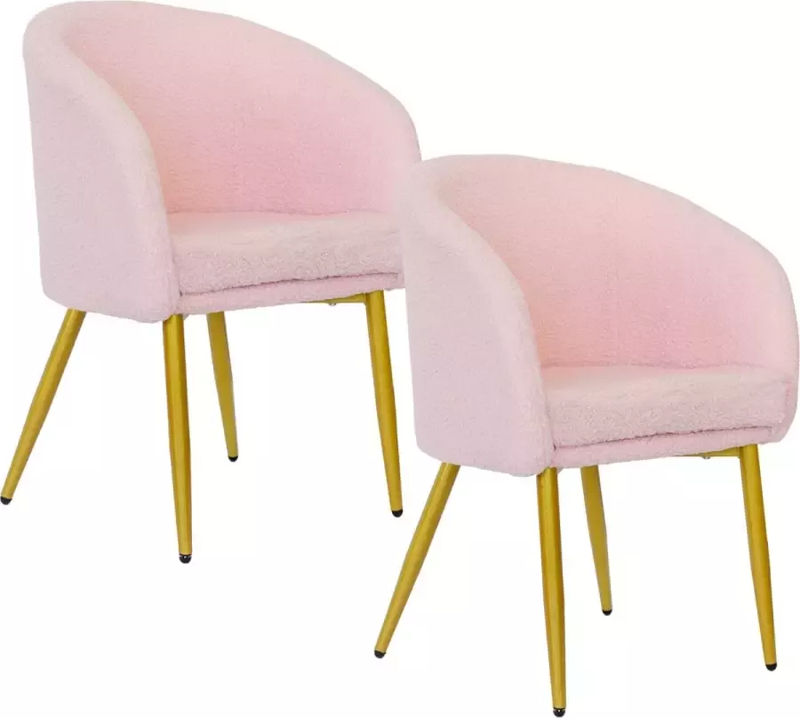 Mevsim Store Teddy eetkamerstoel Roze Set van 2 Goude metalen poten Design stoel met armleuning Chique teddy stof Luxe fauteuil
