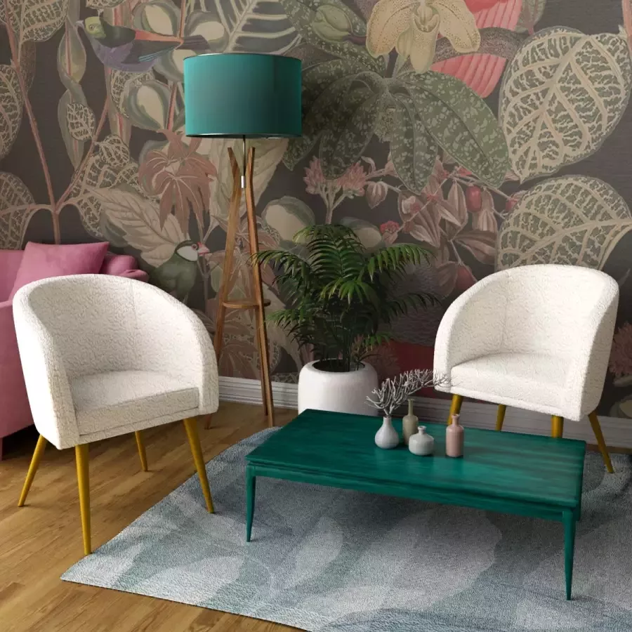 Mevsim Teddy eetkamerstoel crème Set van 2 Goude metalen poten Design stoel met armleuning Chique teddy stof Luxe fauteuil