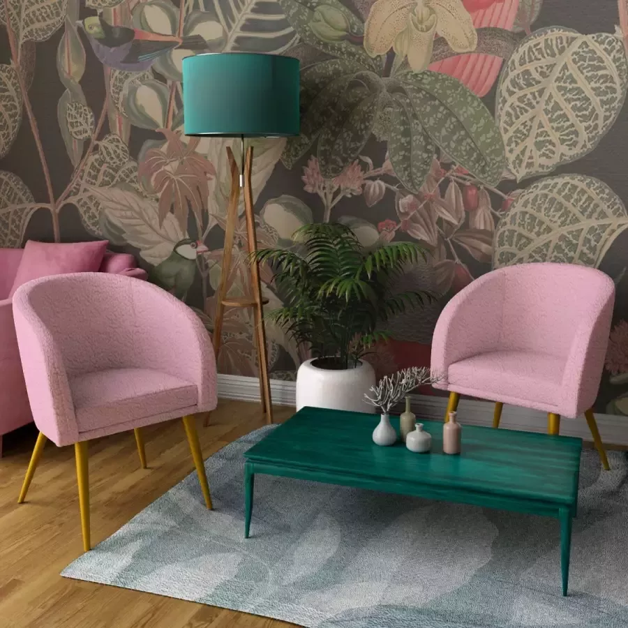 Mevsim Teddy eetkamerstoel Roze Goude metalen poten Design stoel met armleuning Chique teddy stof Luxe fauteuil - Foto 2