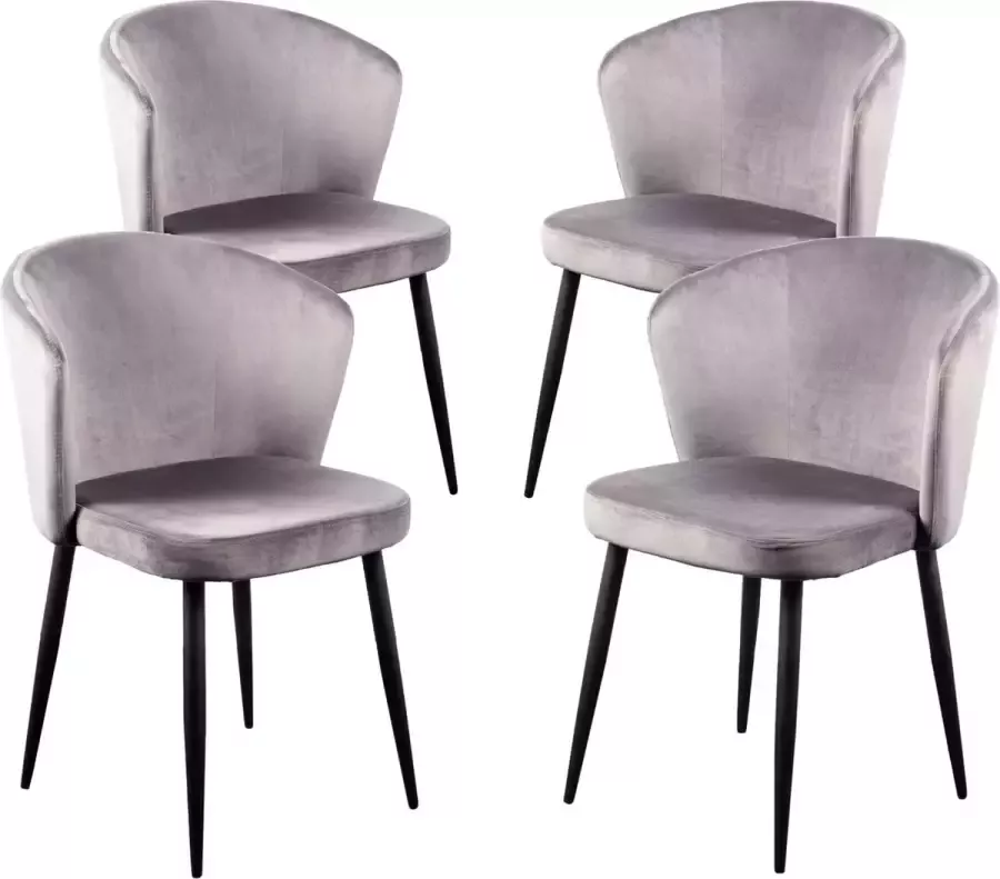 Mevsim Wave Eetkamerstoel Grijs Set van 4 %100 Velvet Zwart stalen poten Design woonkamerstoel