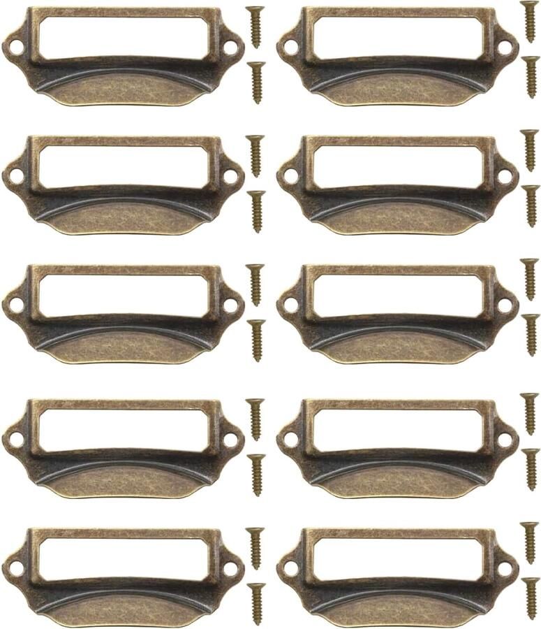 MGM Trading 10 x etiketvensters metalen handgrepen in antiek messing look sleuven voor apothekerskasten indexdozen laden archivering set van 10 (90 x 40 mm)