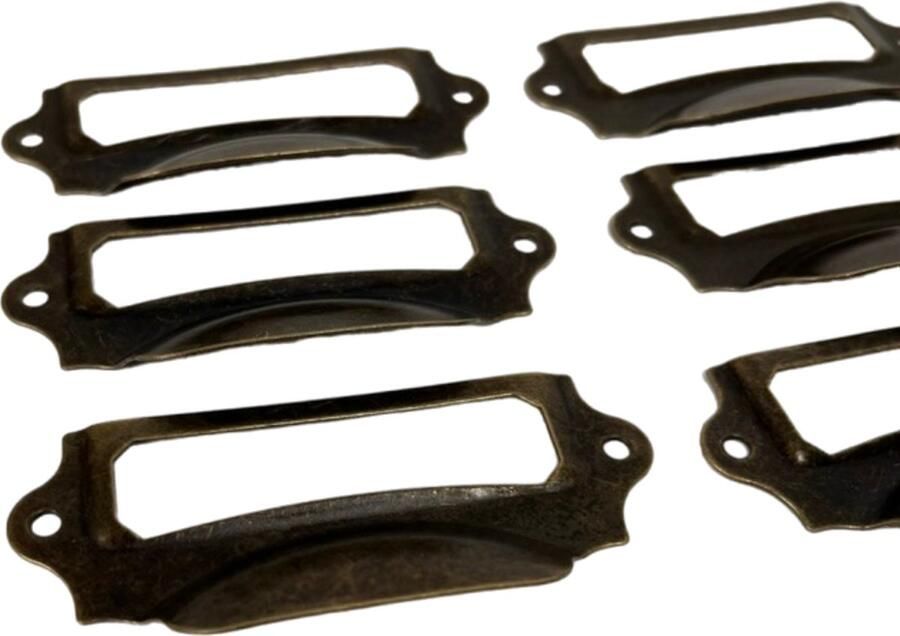 MGM Trading 10 x etiketvensters metalen handgrepen in antiek messing look sleuven voor apothekerskasten indexdozen laden archivering set van 10 (90 x 40 mm)