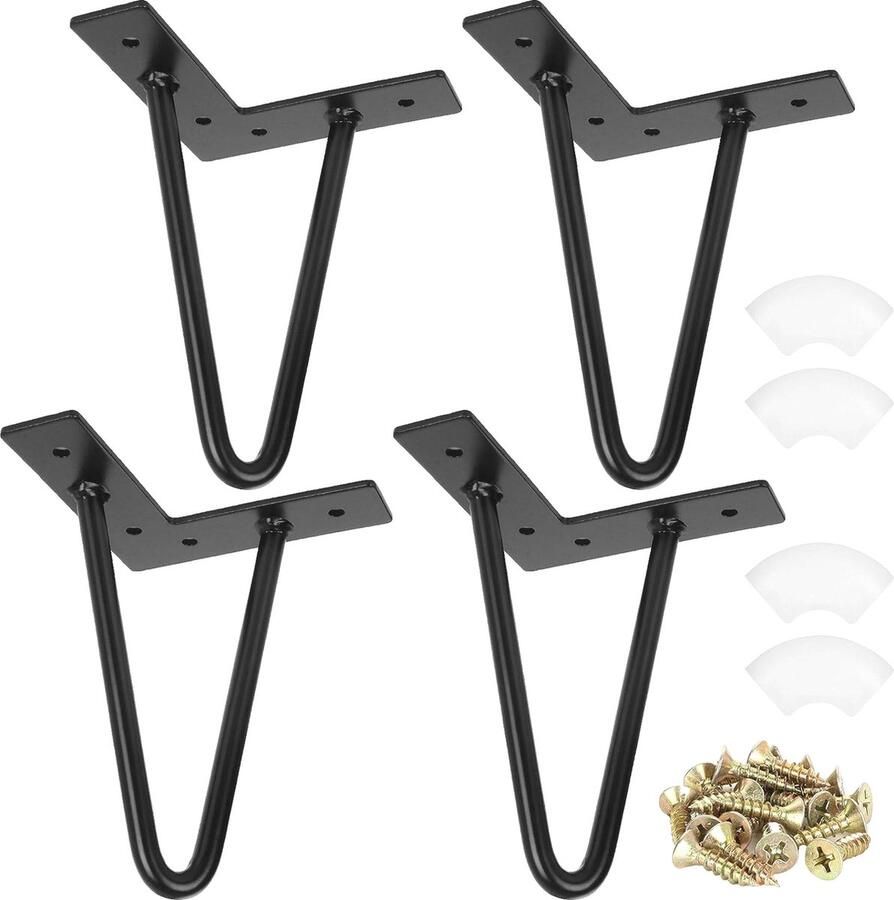 MGM Trading Set met 4 tafelpoten industrieel naaldvoet 15 cm 6 inch hairpin legs tafelstandaard van smeedijzer meubelvoet van zwart metaal met schroeven voor salontafel onderkast tv-meubel