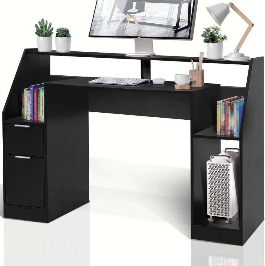 Miadomodo Bureau met Lades en Opbergruimte PC Tafel Computerbureau Kantoortafel MDF 123x55x90cm Zwart