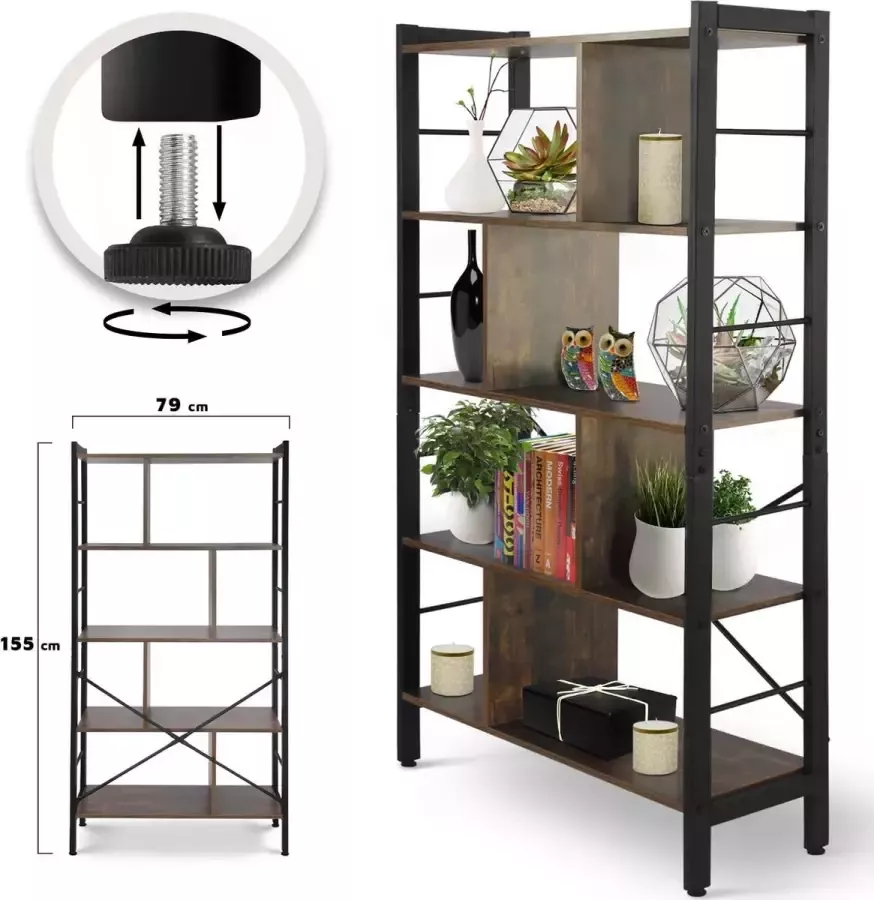 Miadomodo GoodVibes Boekenkast met Stalen Frame en 5 Niveaus Kantoorkast Room Divider Vintage MDF Vintage Industrieel Design 79x30x155cm Bruin