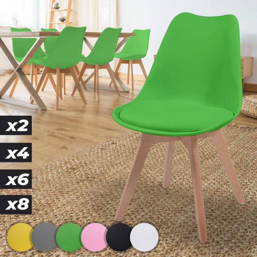 Miadomodo GoodVibes Eetkamerstoelen set van 6 in Scandinavische Stijl inclusief Gewatteerd Zitkussen Kunststof Kuip Massief Beukenhout Vintage Retro Design Keukenstoelen Groen