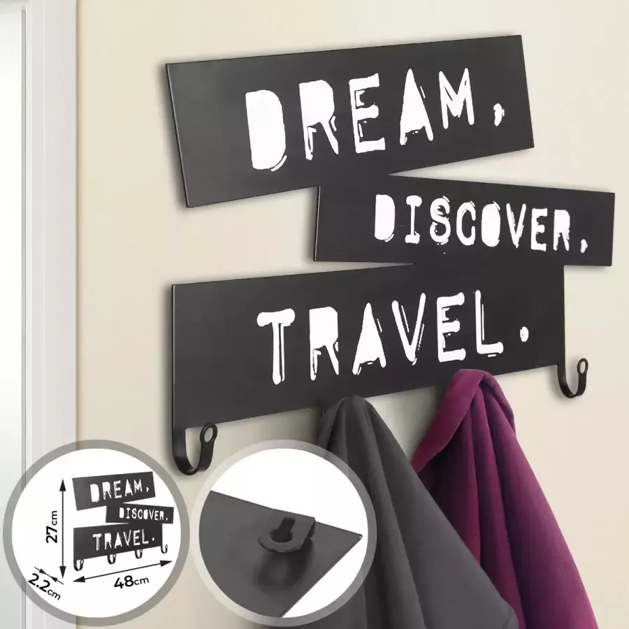 Miadomodo GoodVibes Metalen wandkapstok met 4 haken Modern Design Kapstokhaak Muurhaak Multifunctionele haak Dream Discover Travel Mat Zwart