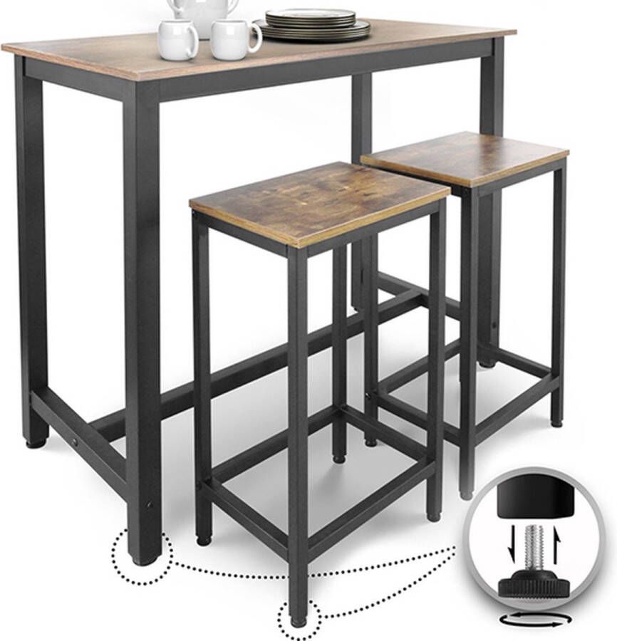 Miadomodo GoodVibes Rechthoekige Bartafel Statafelset met 2 Barkrukken in Industrieel Design Metalen Frame Vintage MDF Bartafel Rustiek Keukentafel 120 x 60 x 90 cm Bruin Zwart