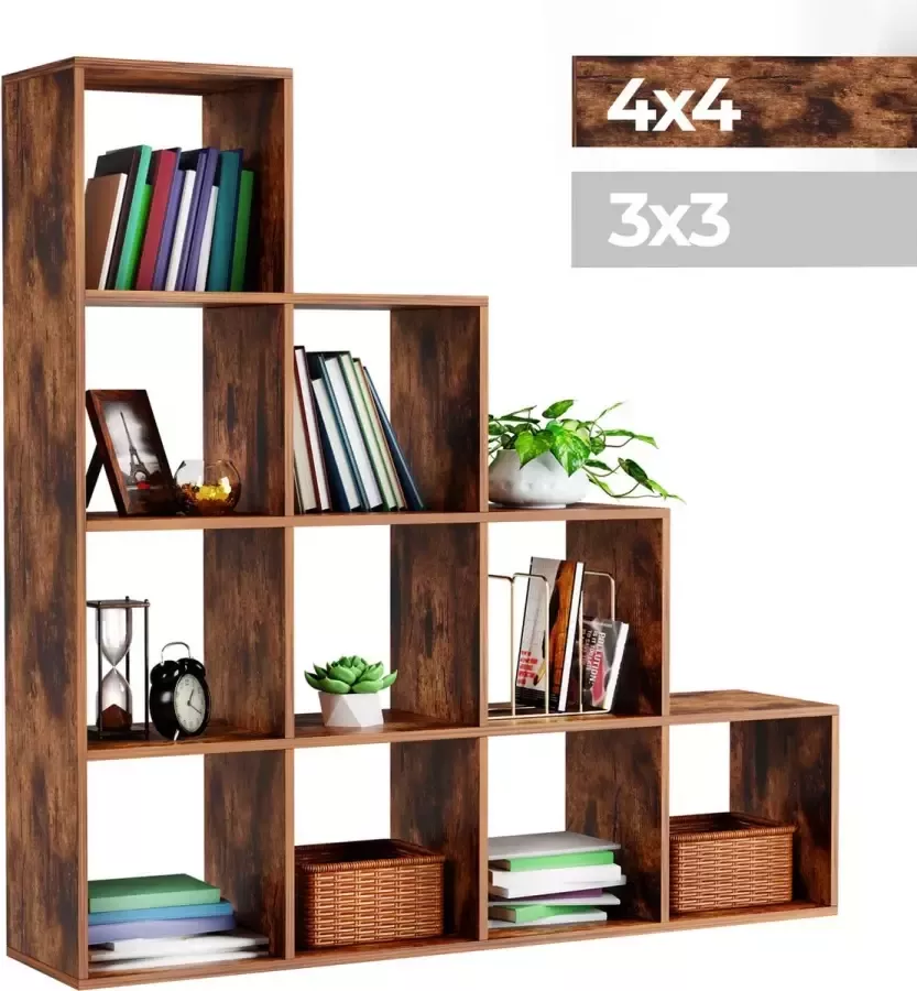 Miadomodo GoodVibes Stevige Bruine Vakkenkast met 10 Compartimenten Maat XXL voor Woonkamer Vrijstaand Gemaakt van MDF Kamerscherm Room Divider Boekenkast Vintage