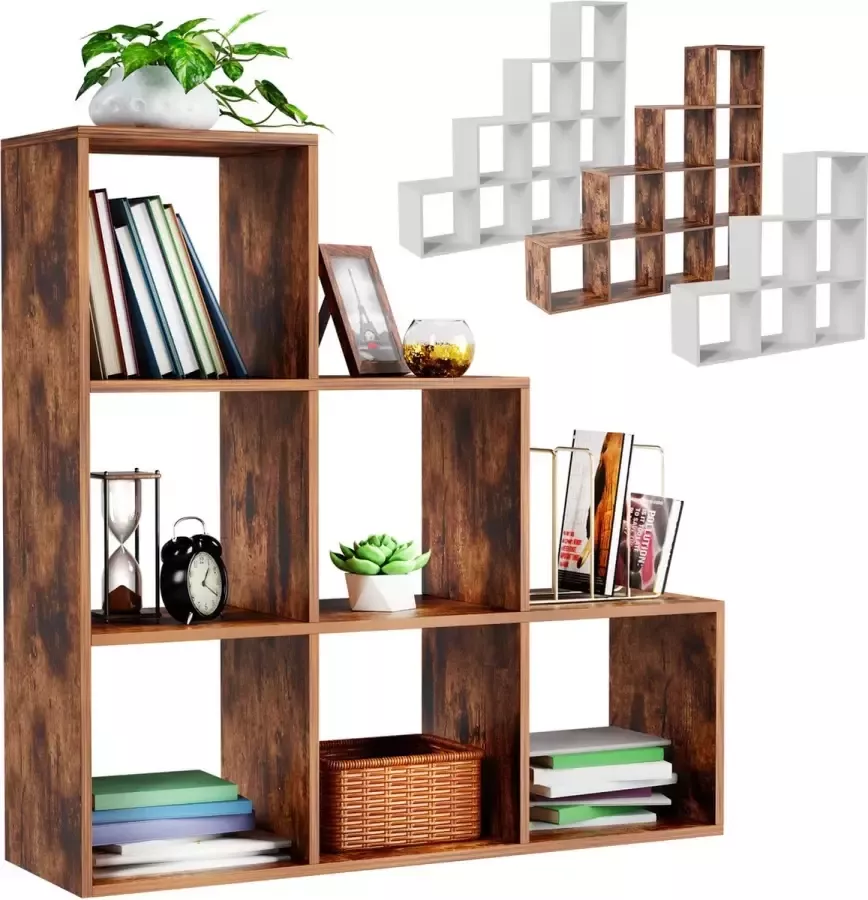 Miadomodo GoodVibes Stevige Bruine Vakkenkast met 6 Compartimenten Maat L voor Woonkamer Vrijstaand Gemaakt van MDF Kamerscherm Room Divider Boekenkast Vintage