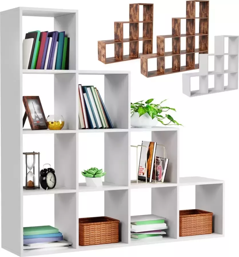 Miadomodo GoodVibes Stevige Witte Vakkenkast met 10 Compartimenten Maat L voor Woonkamer Vrijstaand Gemaakt van MDF Kamerscherm Room Divider Boekenkast Vintage