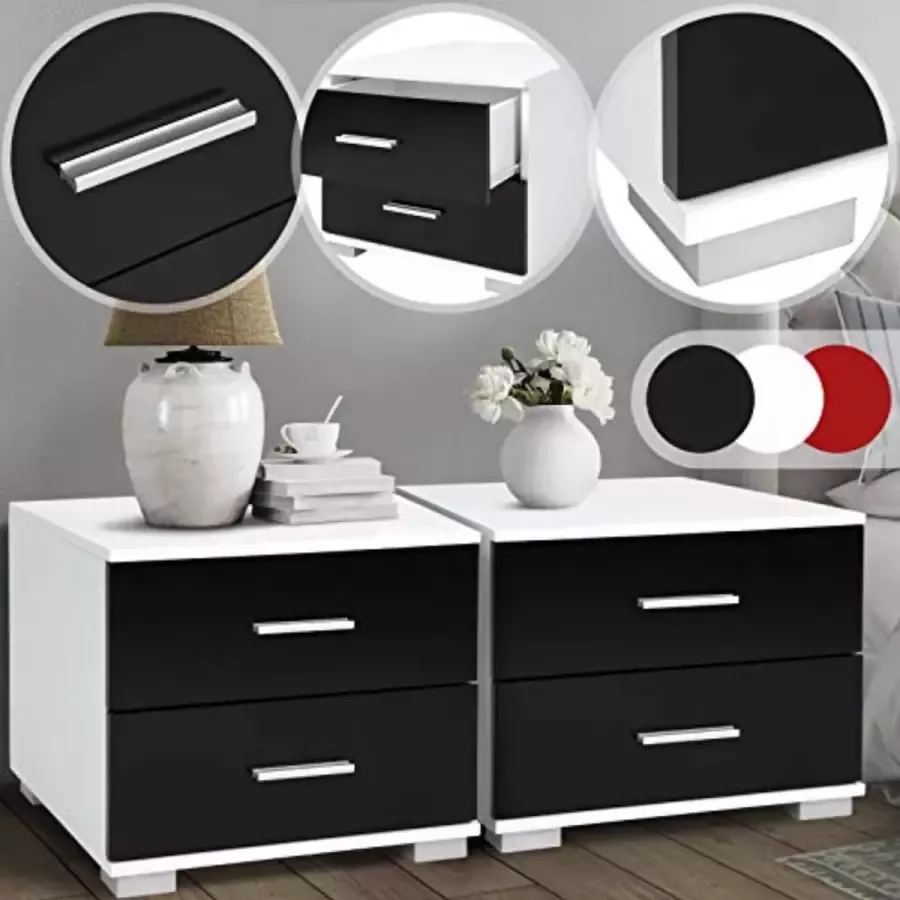 Miadomodo nachtkastje – bijzettafel – wit en zwart – halmeubel – ladekastje – halkastje 2 lades 40 x 40 x 35 cm – set van 2
