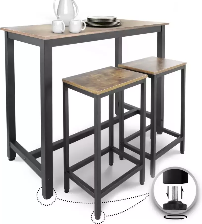 Miadomodo Rechthoekige Bartafel Statafelset met 2 Barkrukken in Industrieel Design Metalen Frame Vintage MDF Bartafel Rustiek Keukentafel 120 x 60 x 90 cm Bruin Zwart