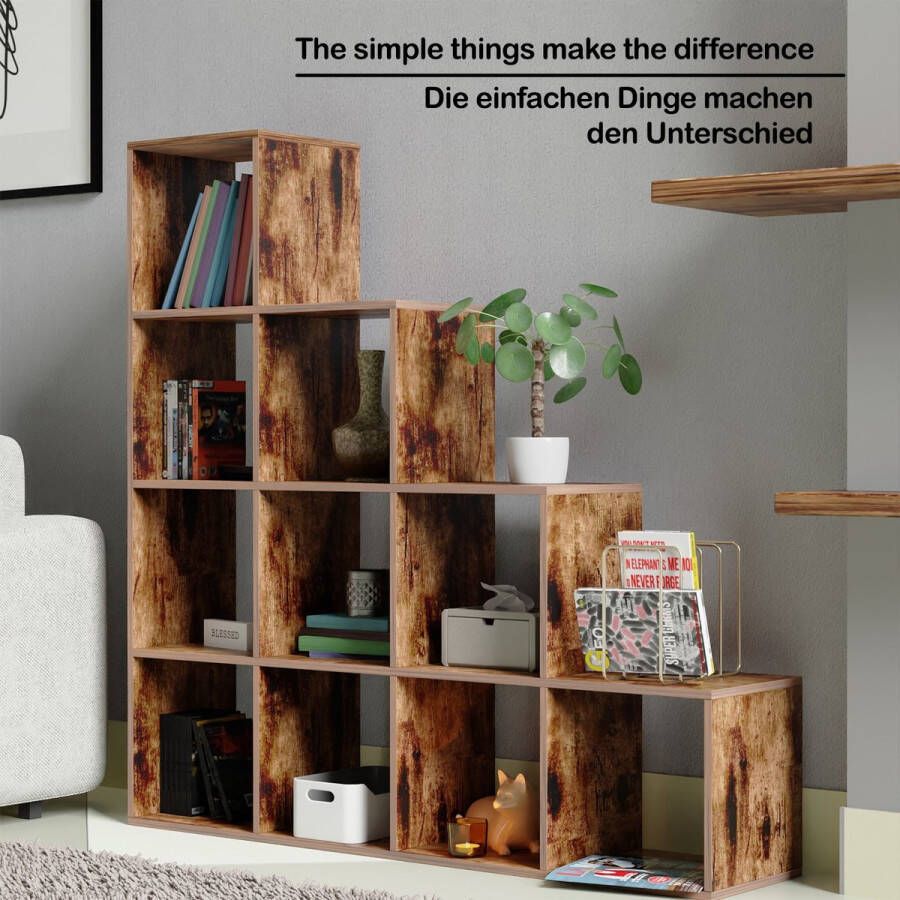 Miadomodo Stevige Bruine Vakkenkast met 10 Compartimenten Kast Maat XXL voor Woonkamer Vrijstaand Gemaakt van MDF Kamerscherm Room Divider Boekenkast Vintage - Foto 2