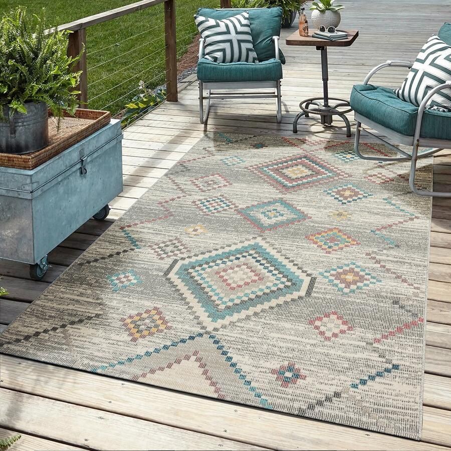 Mia´s Teppiche Mia s Teppiche Bliss – Indoor & Outdoor vloerkleed weerbestendig & onderhoudsvriendelijk etnisch motief in beige turquoise 80 x 150 cm