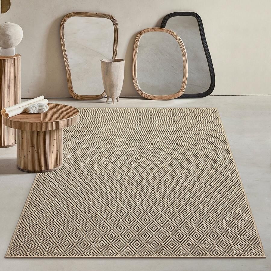 Mia´s Teppiche Mia s Teppiche Soil – robuust in- & outdoor vloerkleed weerbestendig & slijtvast ruitpatroon naturel 120 x 170 cm