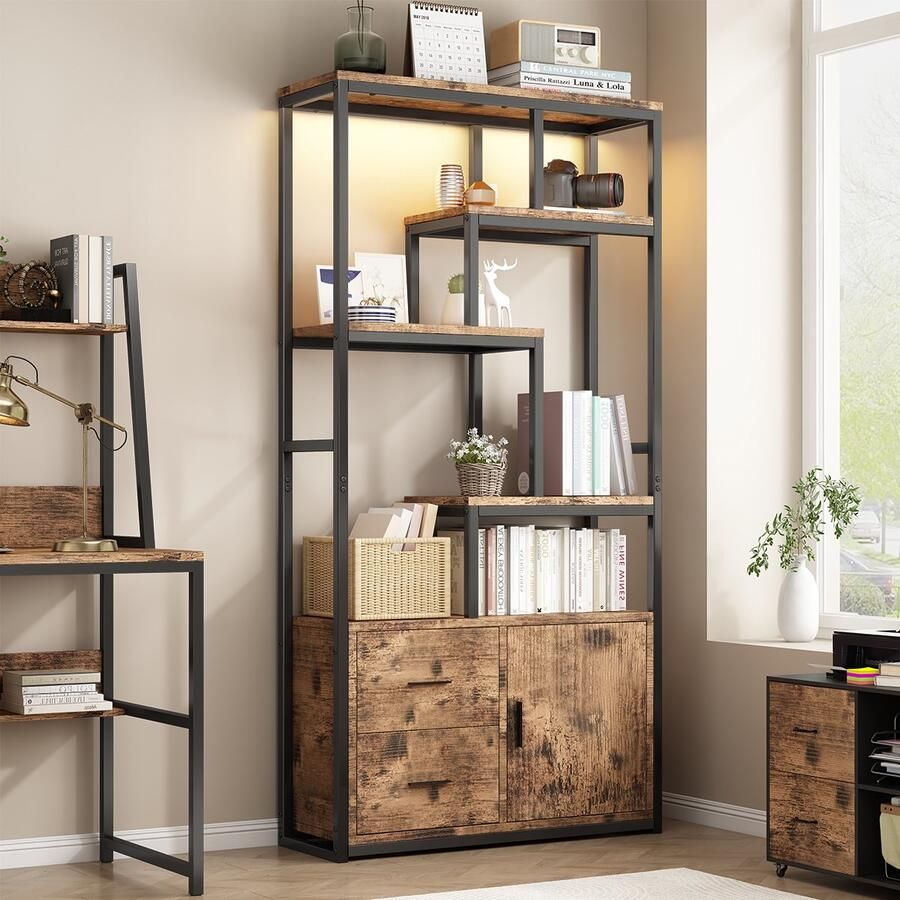 Mihtrov Boekenkast met LED Verlichting 5 Niveaus – Boekenrek met 3 Planken 2 Lades en 1 Kastdeur – 80x30x174 cm – Industrieel Bruin Vintage & Zwart – Boekenkast voor Woonkamer Slaapkamer Kantoor