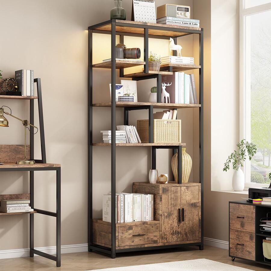 Mihtrov Boekenkast met LED Verlichting 6 Niveaus – Boekenrek met 6 Planken 1 Lades en 1 Kastdeur – 78x40x172 cm – Industrieel Bruin Vintage & Zwart – Boekenkast voor Woonkamer Slaapkamer Kantoor