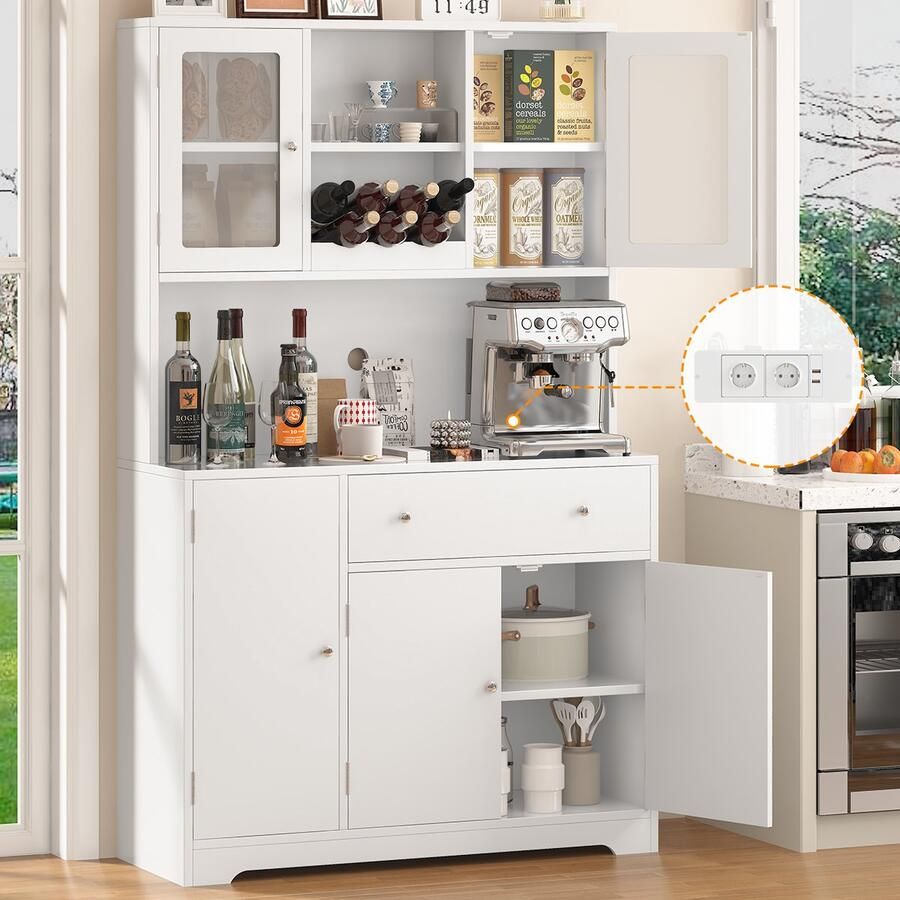 Mihtrov Buffetkast Keukenbuffet Keukenkast Met LED Verlichting Met 5 Deuren en Grote Lades Verstelbare Planken en Ingebouwd Stopcontact Industrieel Design 175x40x105 cm Voor Woonkamer Eetkamer Hal of Keuken Wit