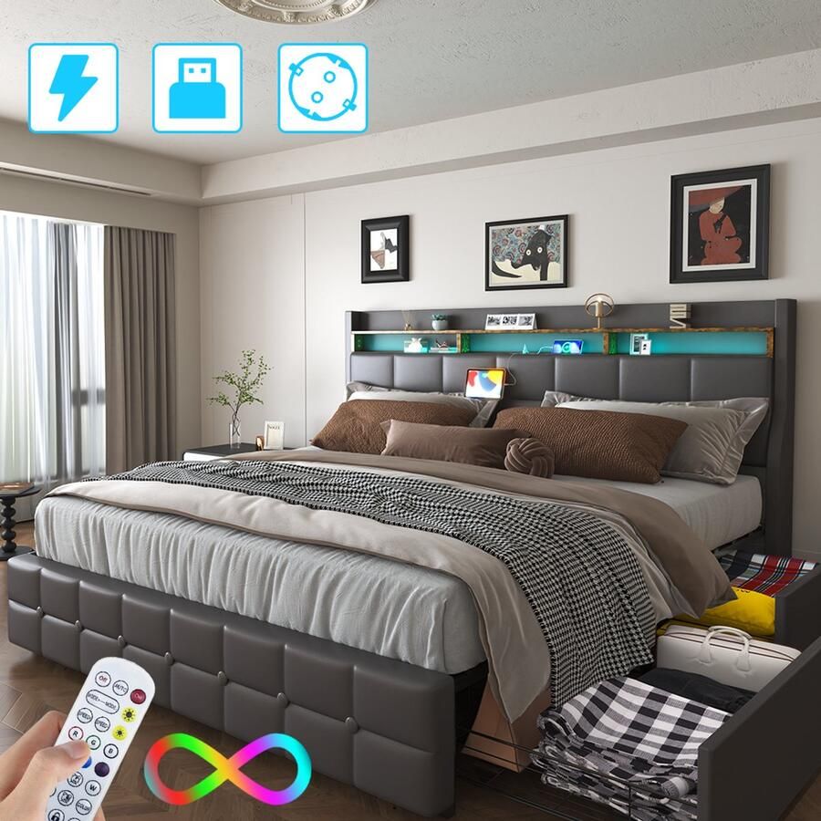 Mihtrov Gestoffeerd Bed 140 x 190cm Tweepersoonsbed met 4 Lades Bedframe met Led Verlichting Met Stopcontacten en USB Grote Opbergruimte Onder Bed Geen Lawaai Geen Boxspring Nodig Eenvoudige Montage Grijs