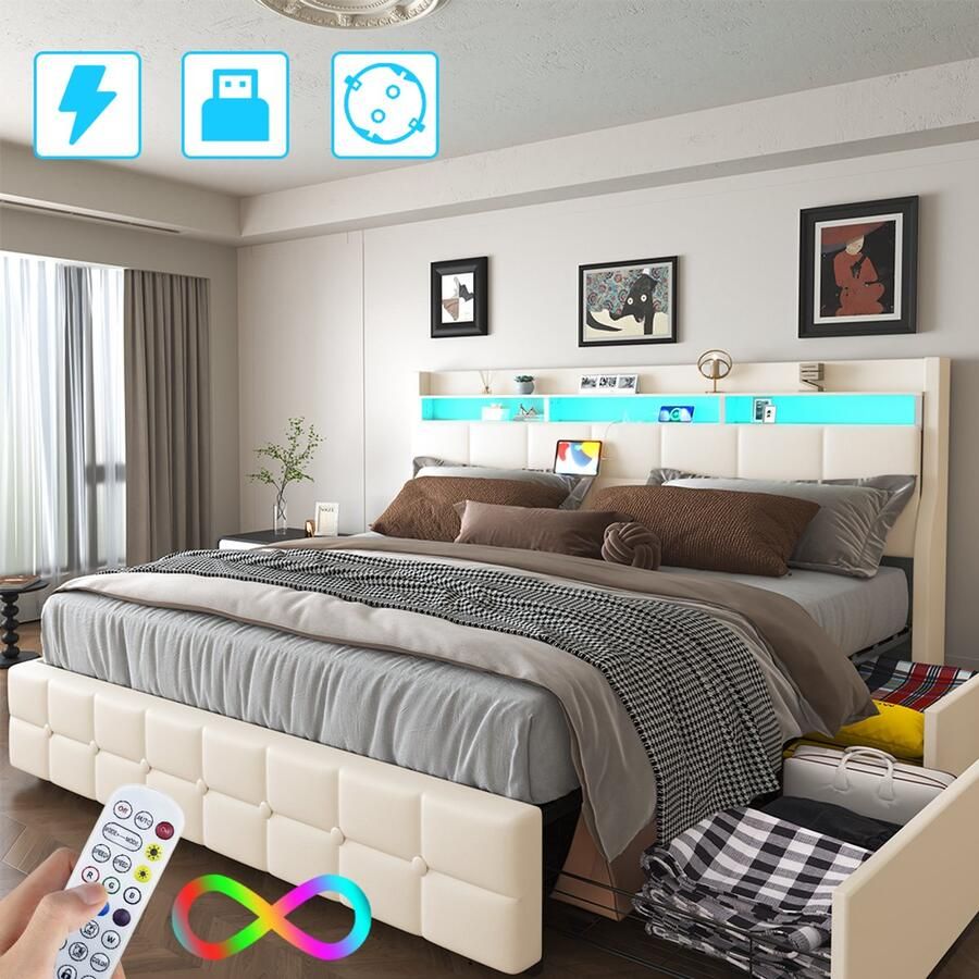 Mihtrov Gestoffeerd Bed 140 x 190cm Tweepersoonsbed met 4 Lades Bedframe met Led Verlichting Met Stopcontacten en USB Grote Opbergruimte Onder Bed Geen Lawaai Geen Boxspring Nodig Eenvoudige Montage Beige