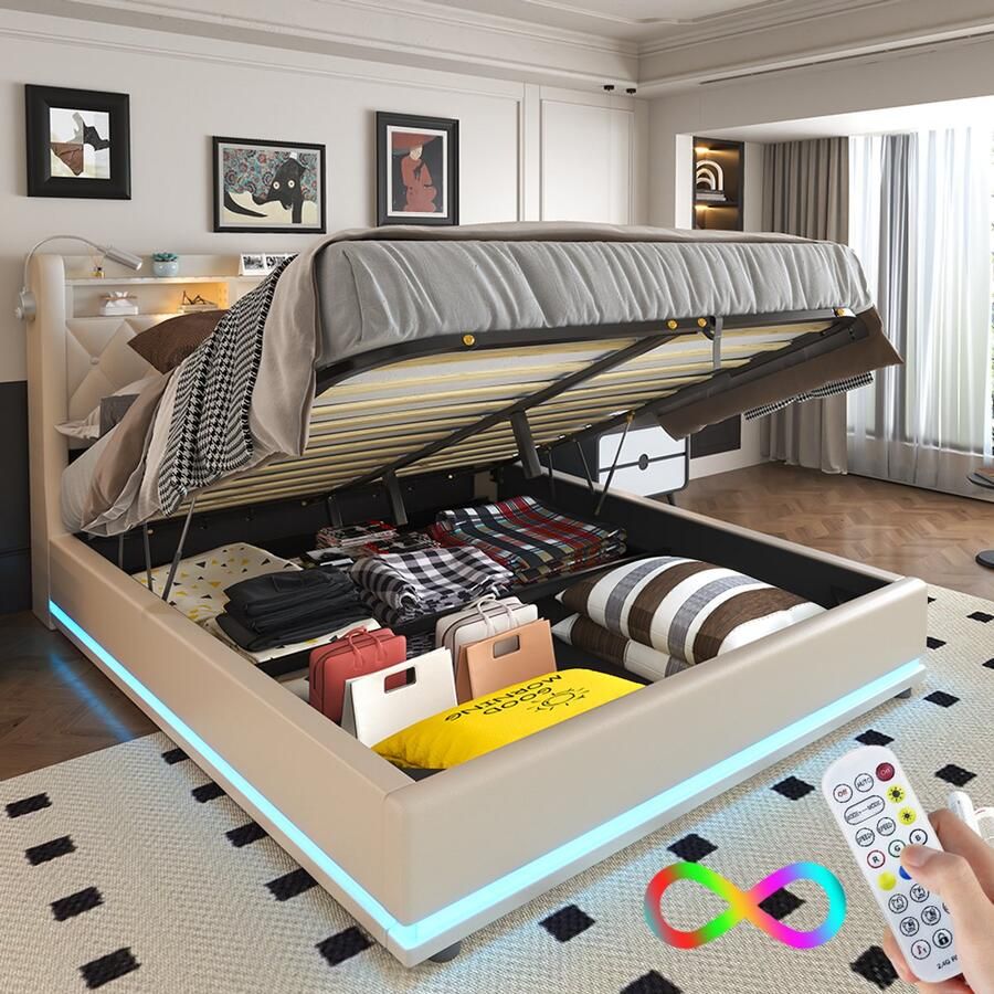 Mihtrov Gestoffeerd Bed 140 x 190cm Tweepersoonsbed met Led Verlichting Bedframe met Stopcontacten en USB Grote Opbergruimte Onder Bed Geen Lawaai Geen Boxspring Nodig Met LED Leeslampje Eenvoudige Montage Grijs