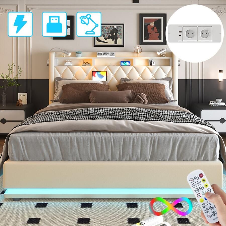 Mihtrov Gestoffeerd Bed 140x190 cm Opbergruimte Opbergbed Jongerenbed Jeugdbed Tweepersoonsbed Bedframe met Led Verlichting Met Stopcontacten USB -Type C Met Leeslamp Eenvoudige Montage Beige