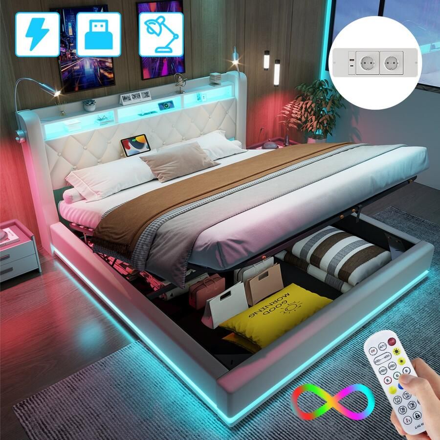 Mihtrov Gestoffeerd Bed 140 x 190cm Tweepersoonsbed met Led Verlichting Bedframe met Stopcontacten en USB Grote Opbergruimte Onder Bed Geen Lawaai Geen Boxspring Nodig Met LED Leeslampje Eenvoudige Montage Grijs - Foto 2