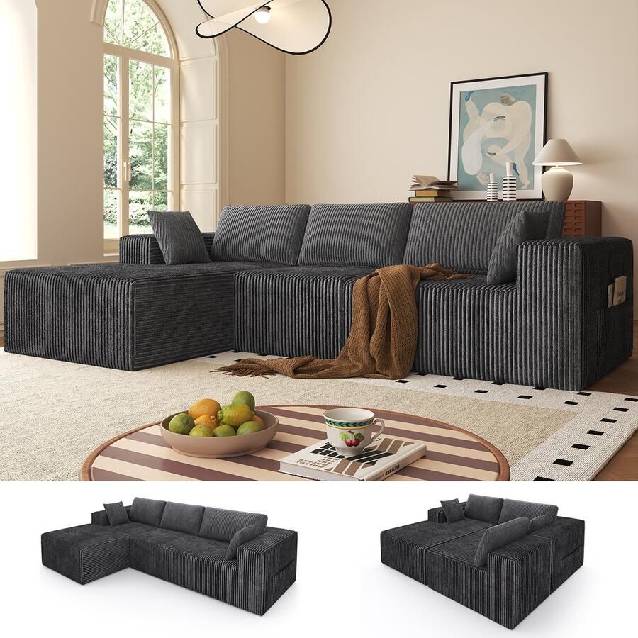 Mihtrov Hoekbank L-Bank met Slaapfunctie Slaapbank Zetel 3 Zits Corduroy Modulair 5 kussens 273x176x57 cm Geen montage nodig Grijs Vacuum Verpakt – 72u Uitzetten