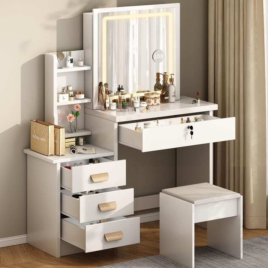 Mihtrov Kaptafel Make Up Tafel Inclusief Krukje Met Groots LED Spiegel Met Stopcontacten & USB-poorten 3 Lichtkleuren 4 Lades en 6 Planken Met Verborgen Opbergruimte Eenvoudige Montage 87x36x136 cm Voor Slaapkamer Kleedkamer Wit