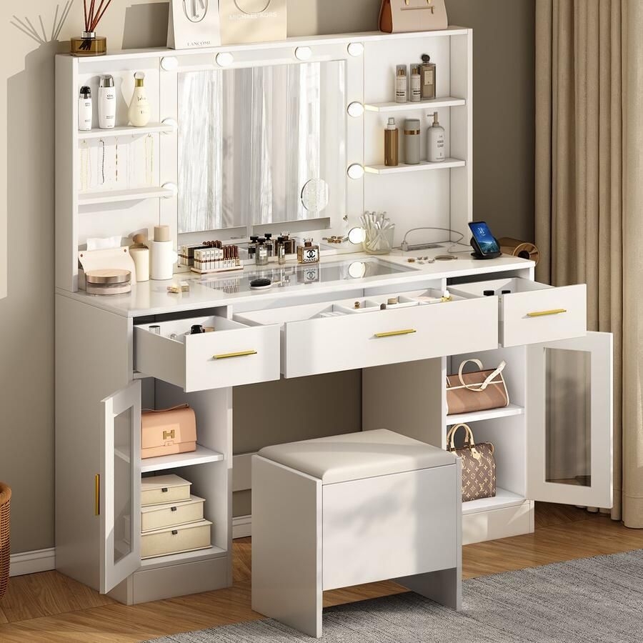 Mihtrov Kaptafel Make Up Tafel Inclusief Krukje Met Groots Spiegel en 10 LED Lampen Met Stopcontacten & USB-poorten 3 Lichtkleuren 3 Lades en 2 Kasten met 4 Planken Eenvoudige Montage 140H x 115B x 40D cm Voor Slaapkamer Kleedkamer Wit