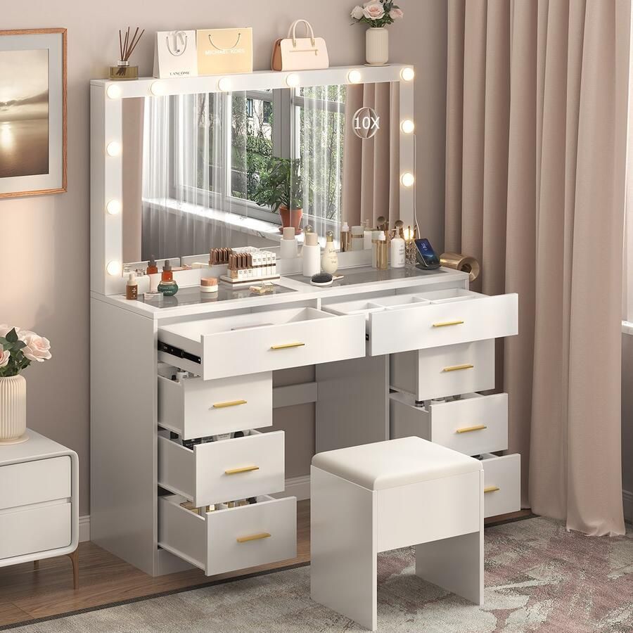 Mihtrov Kaptafel Make Up Tafel Inclusief Krukje Met Spiegel en 12 LED Lampen Met Stopcontacten & USB-poorten 3 Lichtkleuren 8 Laden Transparant Glazen Tafelblad Eenvoudige Montage 140x113x40 cm Voor Slaapkamer Kleedkamer Wit