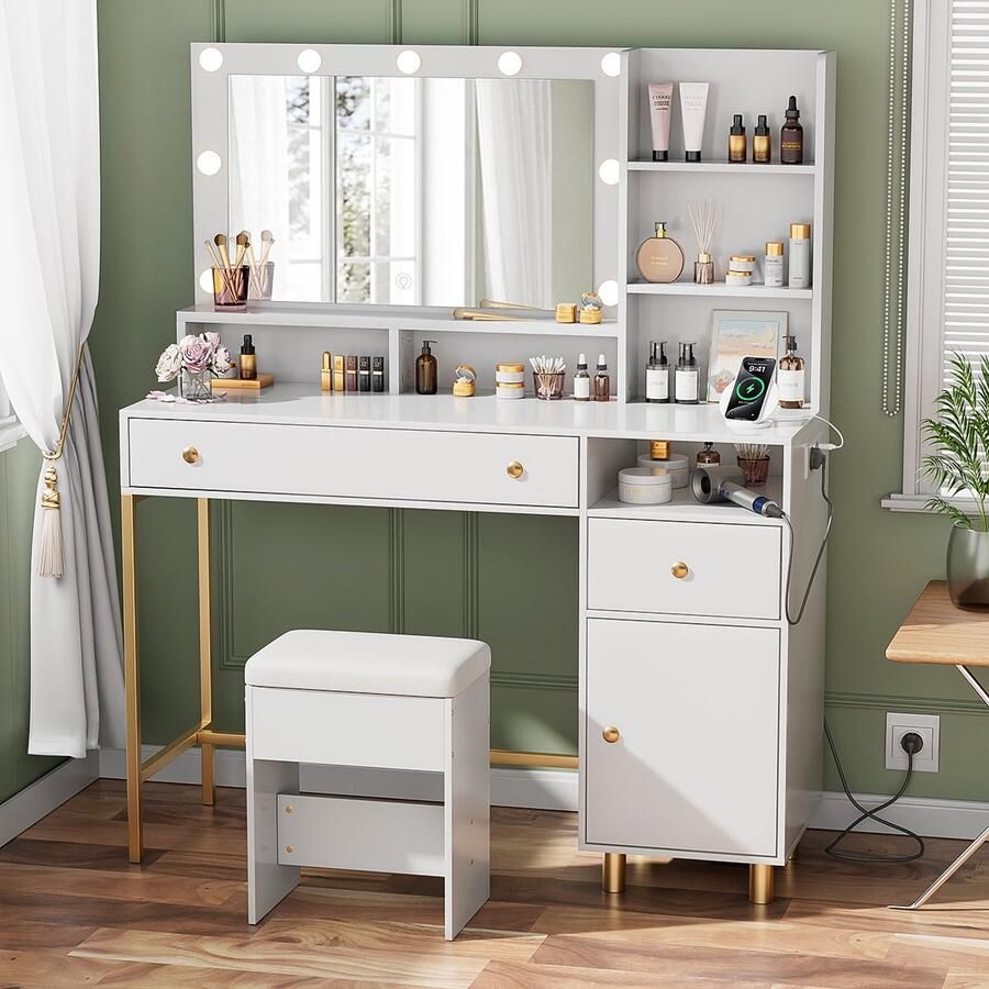 Mihtrov Kaptafel Make Up Tafel Inclusief Krukje Met Spiegel en 9 LED Lampen Met Stopcontacten & USB-poorten 3 Lichtkleuren 3 Laden en Aanpasbare Planken Eenvoudige Montage 140x115x40 cm Voor Slaapkamer Kleedkamer Wit
