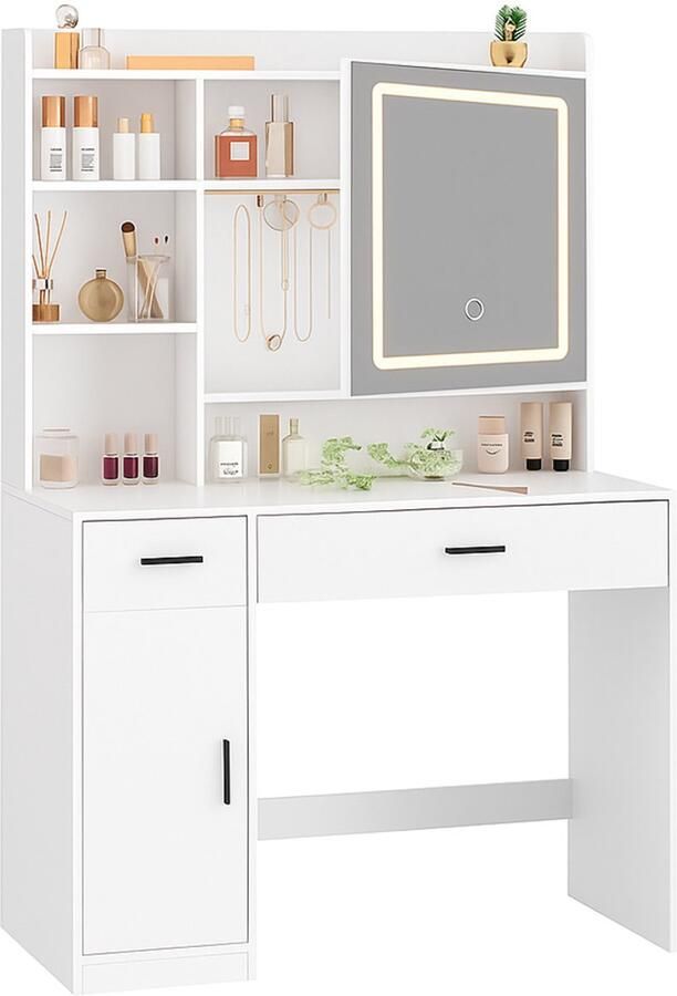 Mihtrov Kaptafel Make Up Tafel Met Groots LED Spiegel 3 Lichtkleuren 2 Lades 5 Planken 1 Kast Met Verborgen Opbergruimte Eenvoudige Montage 80x40x140cm Voor Slaapkamer Kleedkamer Wit