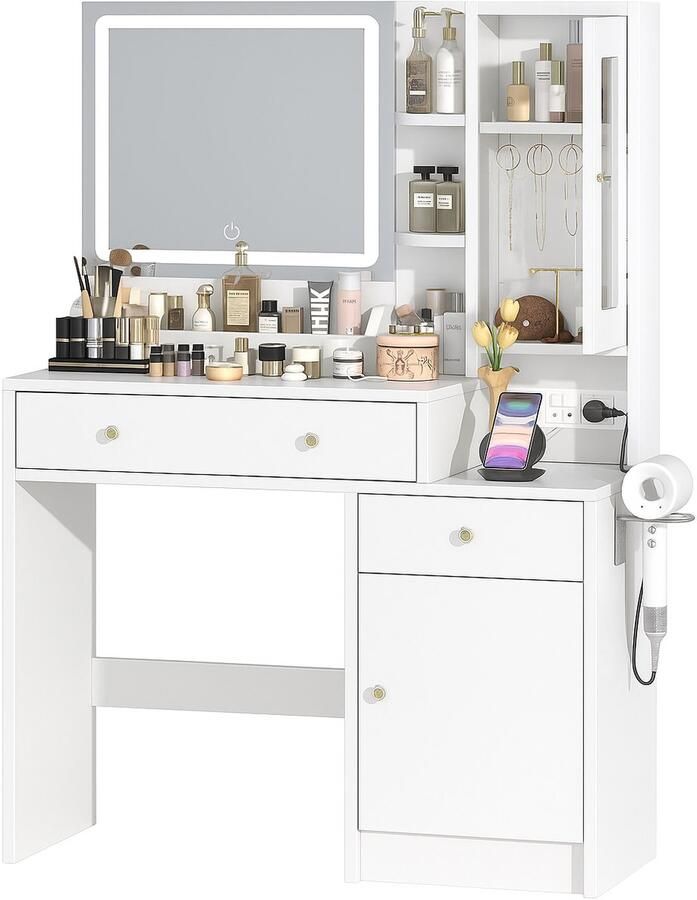 Mihtrov Kaptafel Make Up Tafel Met Groots LED Spiegel 3 Lichtkleuren -Instelbare Helderheid 2 Lades 5 Planken 2 Kast Met Grote Opbergruimte Eenvoudige Montage 85x38x136cm Voor Slaapkamer Kleedkamer Wit