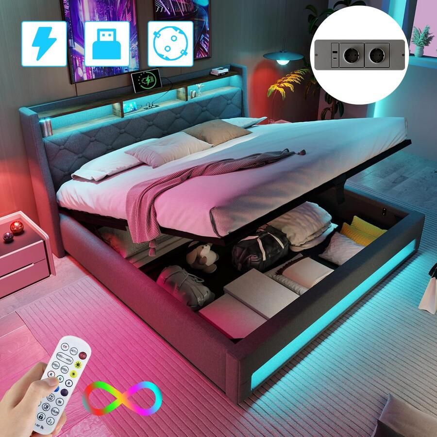 Mihtrov Linnen Gestoffeerd Bed 140x190 cm Met Hydraulische Hendel Opbergbed Jongerenbed Jeugdbed Tweepersoonsbed Bedframe met Led Verlichting Met Stopcontacten USB -Type C Eenvoudige Montage Grijs