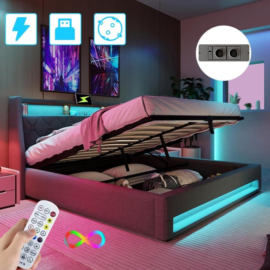 Mihtrov Linnen Gestoffeerd Bed 140x190 cm Met Hydraulische Hendel Opbergbed Jongerenbed Jeugdbed Tweepersoonsbed Opbergruimte Bedframe met Led Verlichting Met Stopcontacten USB -Type C Eenvoudige Montage Grijs