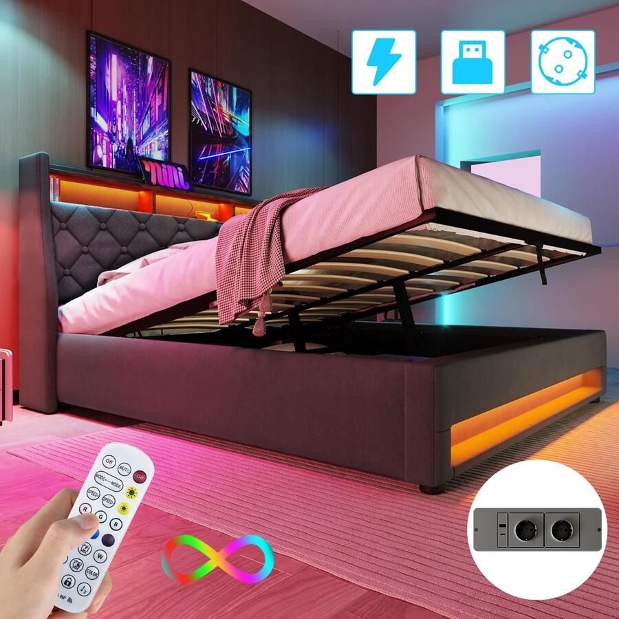 Mihtrov Linnen Gestoffeerd Bed 160x200 cm Met Hydraulische Hendel Opbergbed Jongerenbed Jeugdbed Tweepersoonsbed Opbergruimte Bedframe met Led Verlichting Met Stopcontacten USB -Type C Eenvoudige Montage Grijs