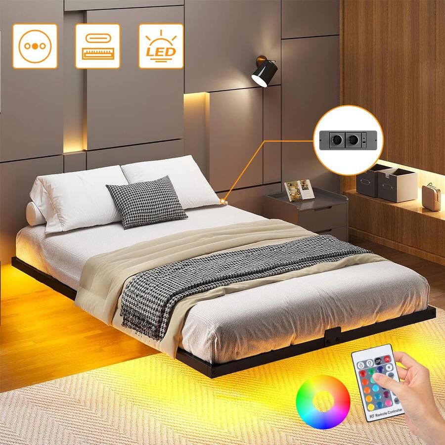Mihtrov Metalen Bed 140x190 cm Duurzaam IJzeren Bedframe met Grote Opbergruimte Met LED Verlichting Stopcontacten USB Poorten Minimalistisch Stevig en Roestvrij Anti-Slip Design Voor Kinderkamers Logeerkamers en Kleine Woningen